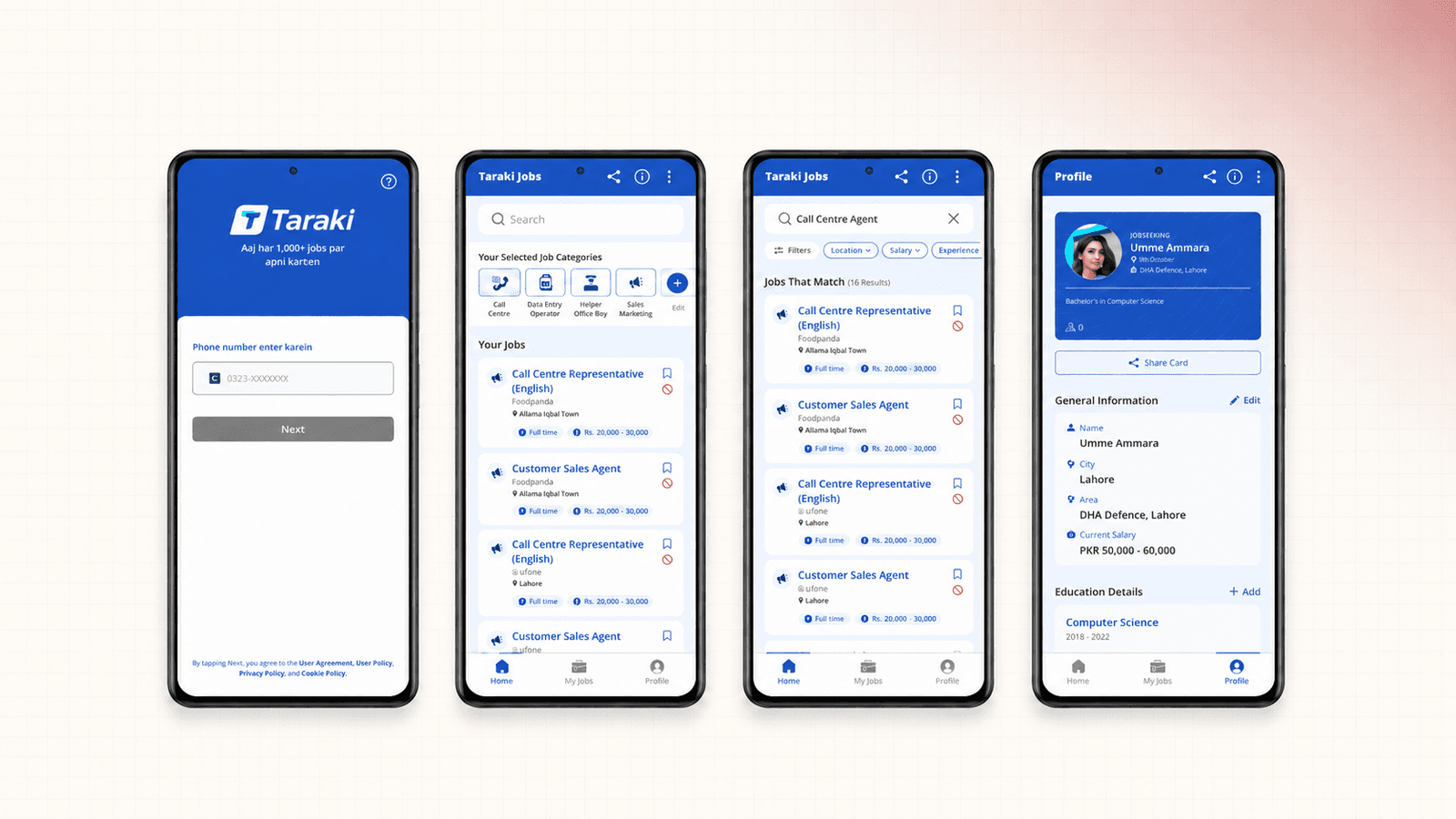 Taraki mobile app screens showing candidate application flow