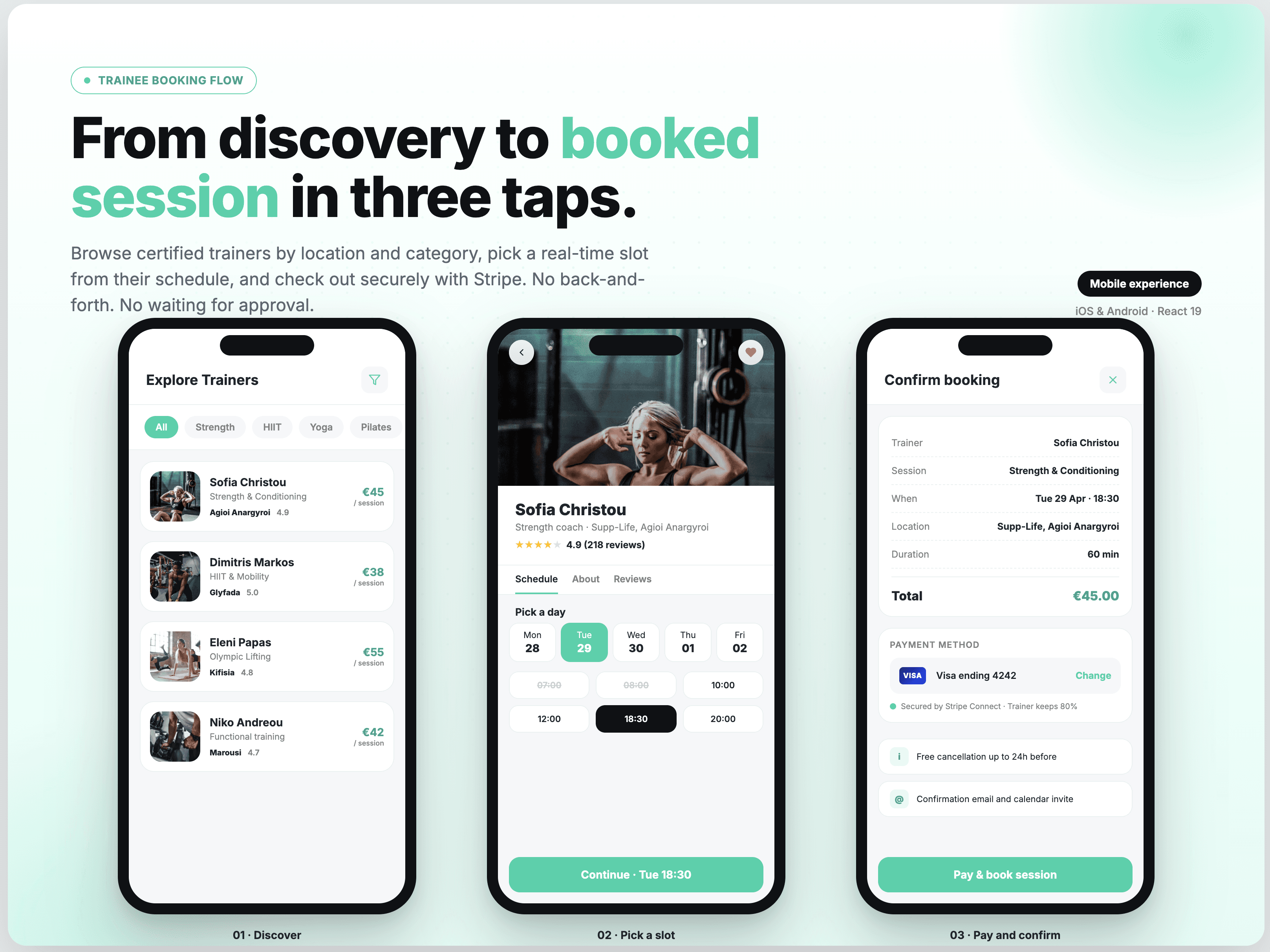 MyFitHub booking flow — discover trainer, pick a slot, pay and confirm in three taps