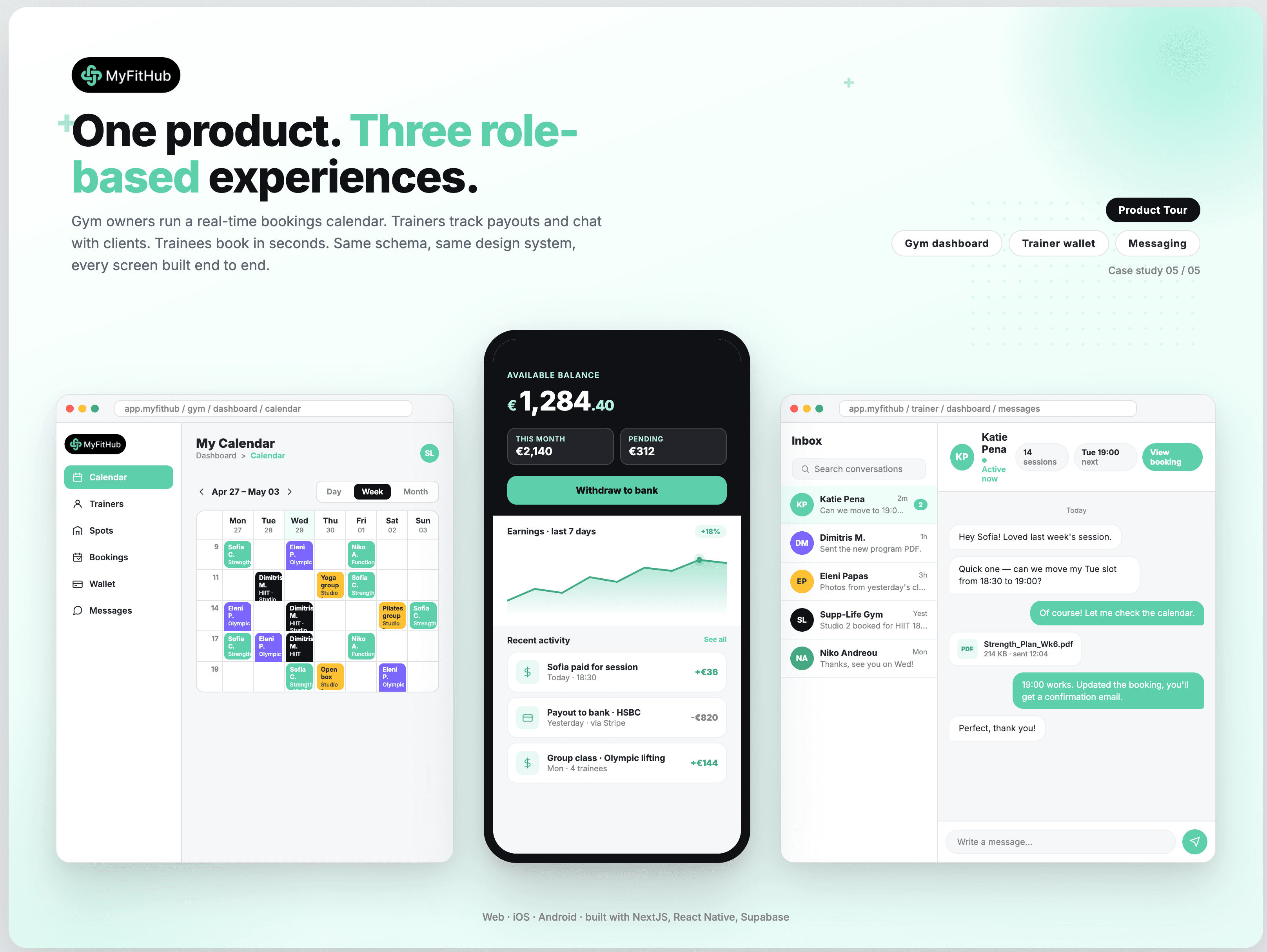 MyFitHub — gym calendar, trainer wallet, and messaging across web and mobile