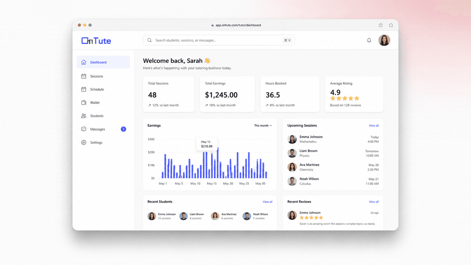 Ontute tutor dashboard showing earnings, sessions, and student tracking